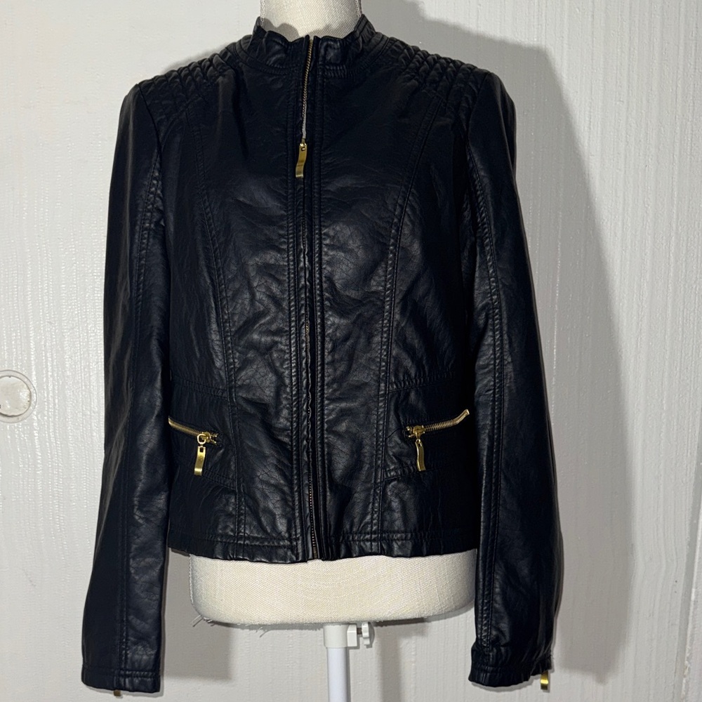 Therapy Black Faux Leather Jacket with Gold Accents Petite XL - Picture 2 of 10